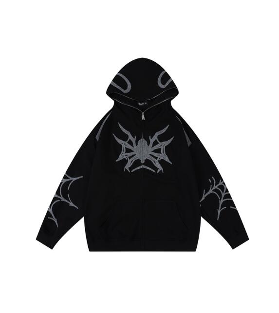 Kapuzenpullover mit Reißverschluss und Punk-Spinnen-Stickerei
