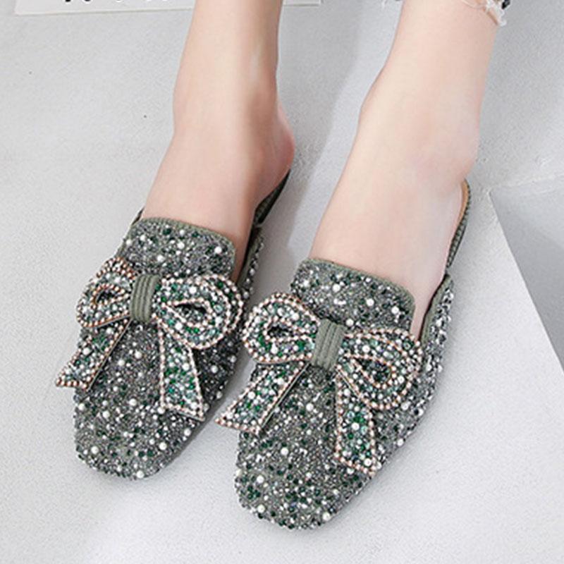 Square toe beaded bowknot flat slippers