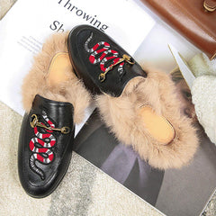 Casual Buckle Fur Embroidery Mules Slippers Shoes