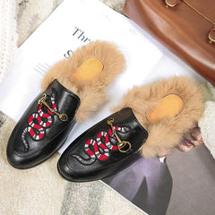 Casual Buckle Fur Embroidery Mules Slippers Shoes