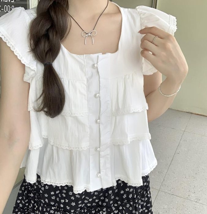 Maja Tiered Swiss Dot Button Down Top - Cream