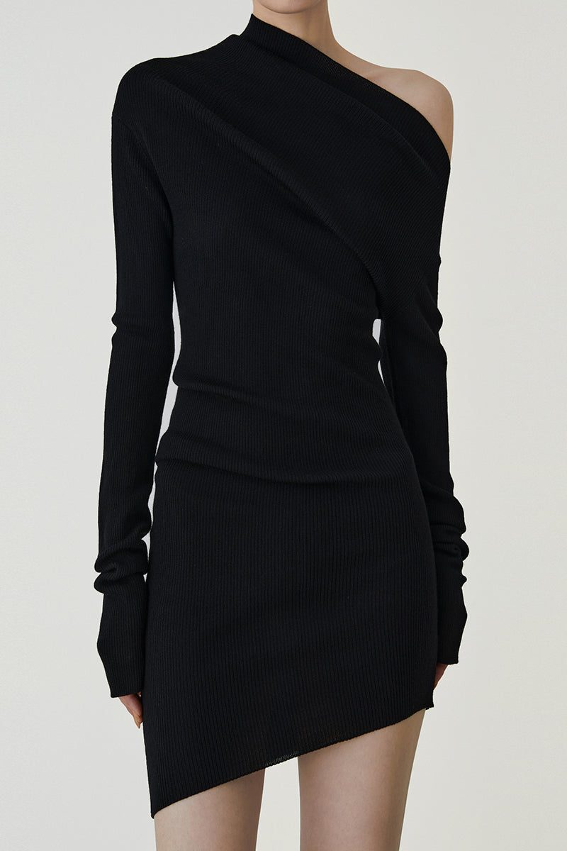 Curved Multi-wear Wool Knit Dress - Black