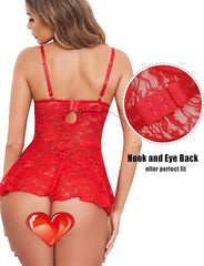 Avidlove Christmas Lingerie for Santa Babydoll V Neck Holiday Lingerie Xmas Lace Chemise Dress