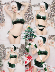 Avidlove Christmas Lingerie Velvet Santa Lingerie 3 Piece New Years Lingerie Set