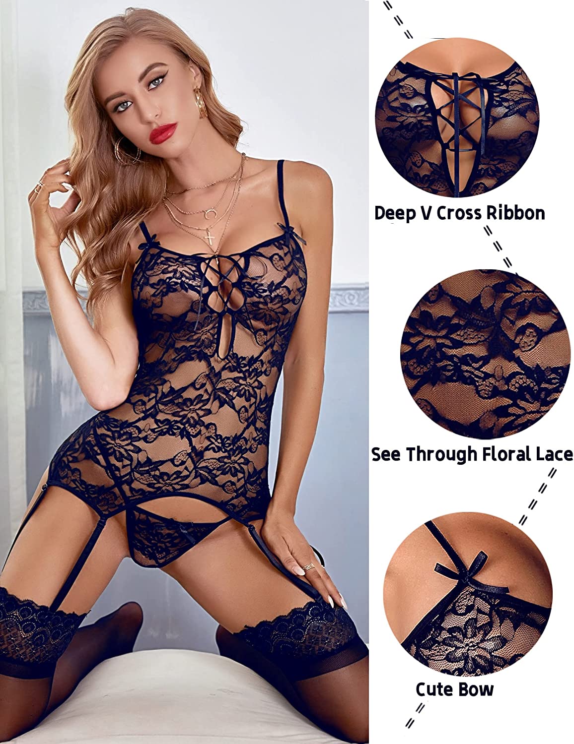 Avidlove Lace Bodysuit Lingerie Set Babydoll Chemise with Garter Belts