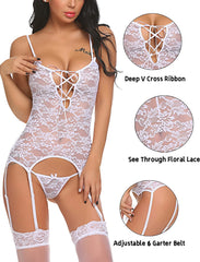 Avidlove Lace Bodysuit Lingerie Set Babydoll Chemise with Garter Belts