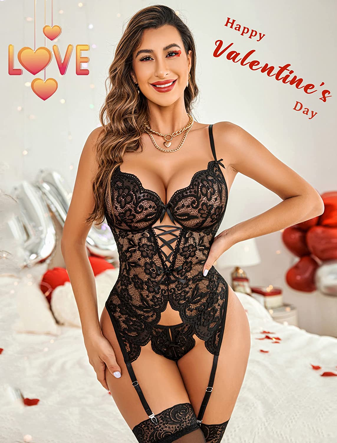Avidlove Lace Lingerie Set with Garter Belts Lace Bodysuit Teddy with Panty