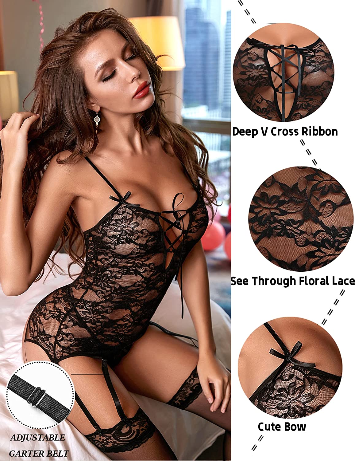 Avidlove Lace Bodysuit Lingerie Set Babydoll Chemise with Garter Belts