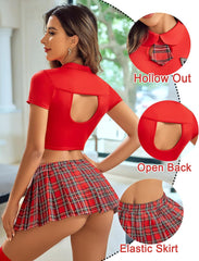 Avidlove Lingerie Sets Costume 2 Piece Outfits with Tie Top and Mini Pleated Skirt
