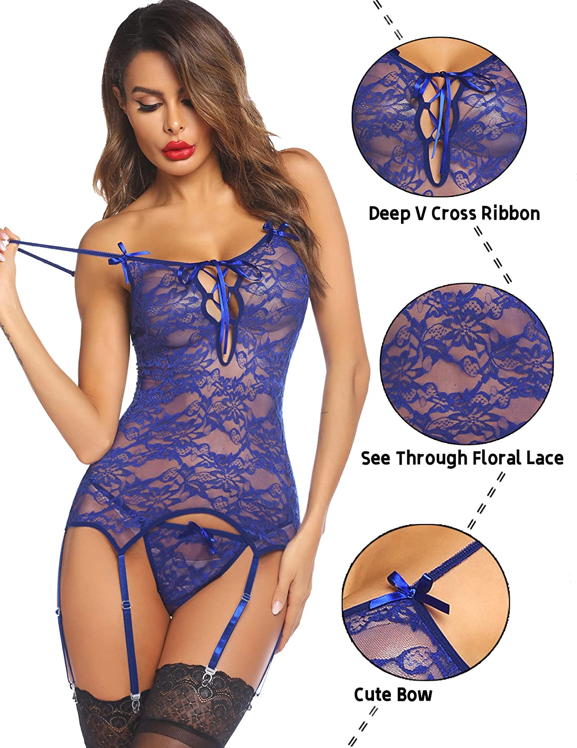 Avidlove Lace Bodysuit Lingerie Set Babydoll Chemise with Garter Belts