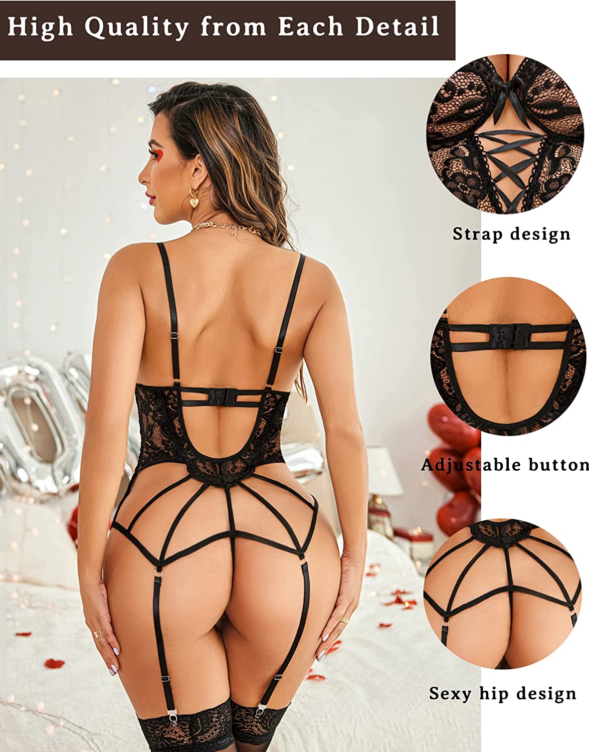 Avidlove Lace Lingerie Set with Garter Belts Lace Bodysuit Teddy with Panty