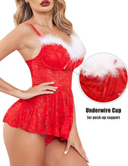 Avidlove Christmas Lingerie for Santa Babydoll V Neck Holiday Lingerie Xmas Lace Chemise Dress