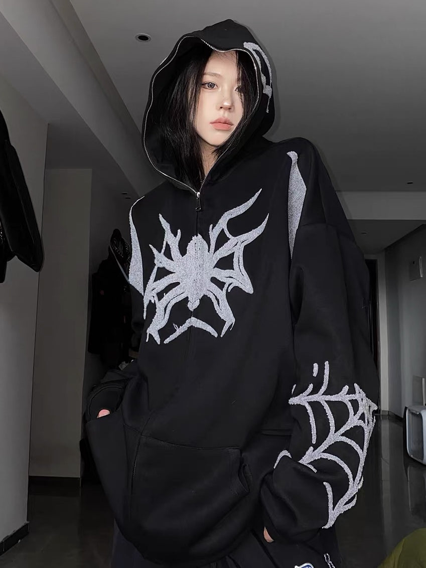 Kapuzenpullover mit Reißverschluss und Punk-Spinnen-Stickerei