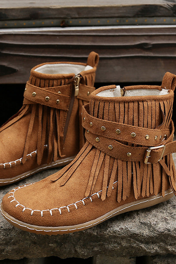 Casual Warm Solid Color Side Zipper Low-Cut Tassel Flat Ankle Boots NewGew