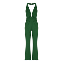 V-Neck Open Back Pocket Slim Jumpsuit
