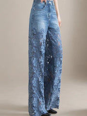Hollow Out Lace Patchwork Wide Leg Pants Jeans
