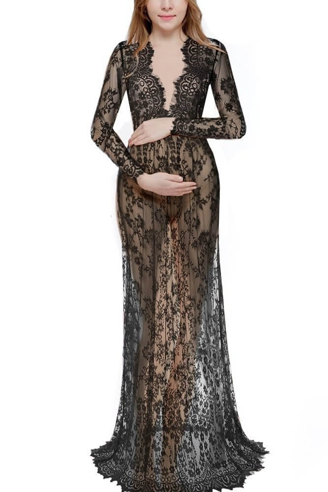 Sexy Deep V-Neck Long Sleeve Lace Maxi Dress Ins street