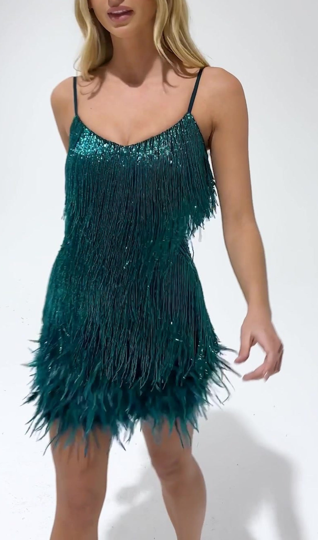 TASSEL FEATHER MINI DRESS IN DARK GREEN