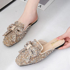 Square toe beaded bowknot flat slippers