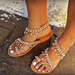Flache Sandalen mit Perlenquaste für Damen