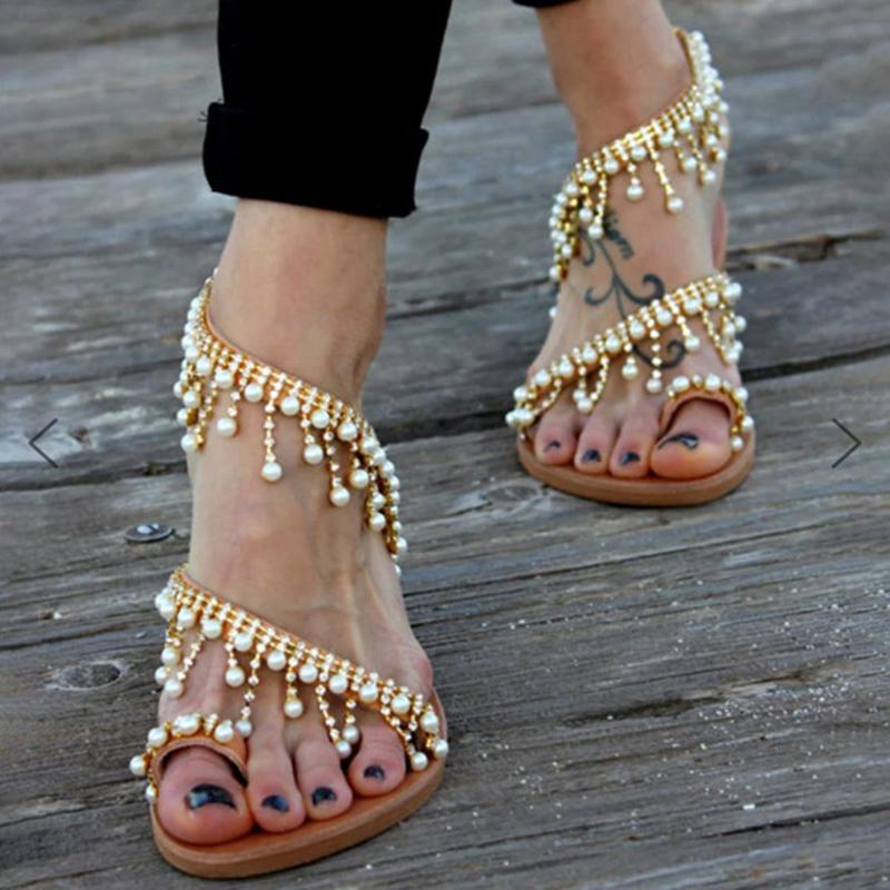 Flache Sandalen mit Perlenquaste für Damen