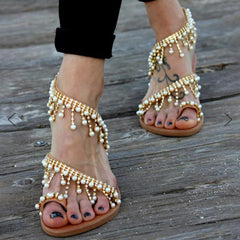 Flache Sandalen mit Perlenquaste für Damen