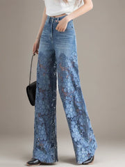 Hollow Out Lace Patchwork Wide Leg Pants Jeans