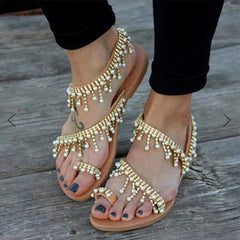 Flache Sandalen mit Perlenquaste für Damen