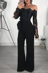 Casual Water Soluble Lace off Neck Wide Leg Jumpsuit