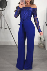 Casual Water Soluble Lace off Neck Wide Leg Jumpsuit