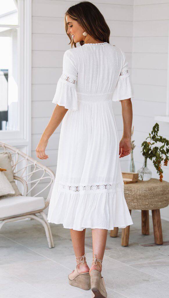 Midikleid aus Baumwollspitze mit V-Ausschnitt
