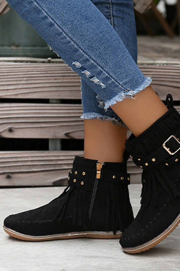 Casual Warm Solid Color Side Zipper Low-Cut Tassel Flat Ankle Boots NewGew
