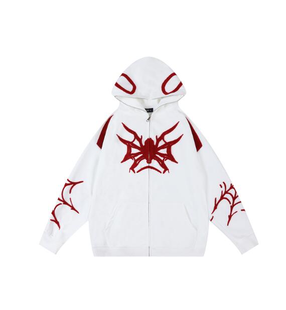 Kapuzenpullover mit Reißverschluss und Punk-Spinnen-Stickerei