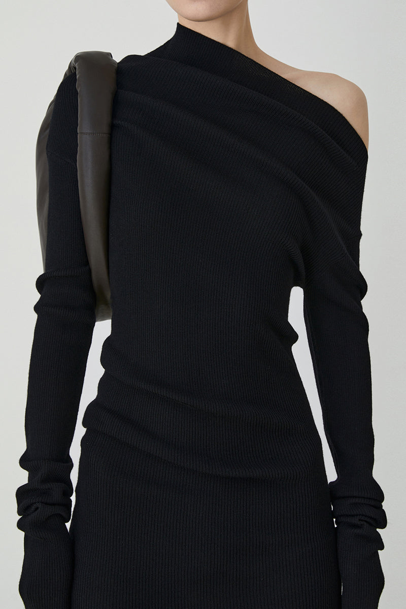 Curved Multi-wear Wool Knit Dress - Black