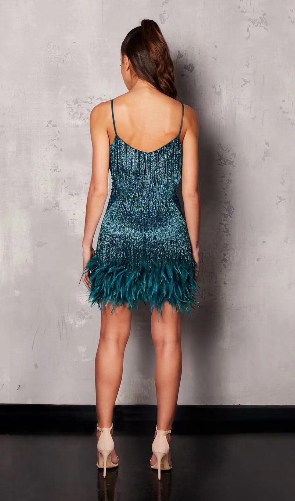TASSEL FEATHER MINI DRESS IN DARK GREEN