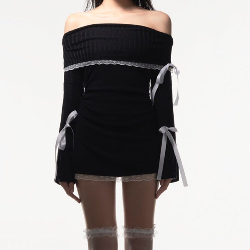 Off Shoulder Lace Splice Tie Up Long Sleeve Mini Dress