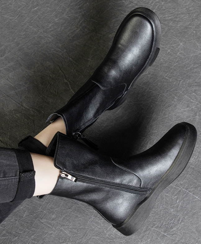 Damen Retro-Stiefel mit halbhohem Schaft für den Winter, Stiefel mit seitlichem Reißverschluss, Schwarz/Khaki