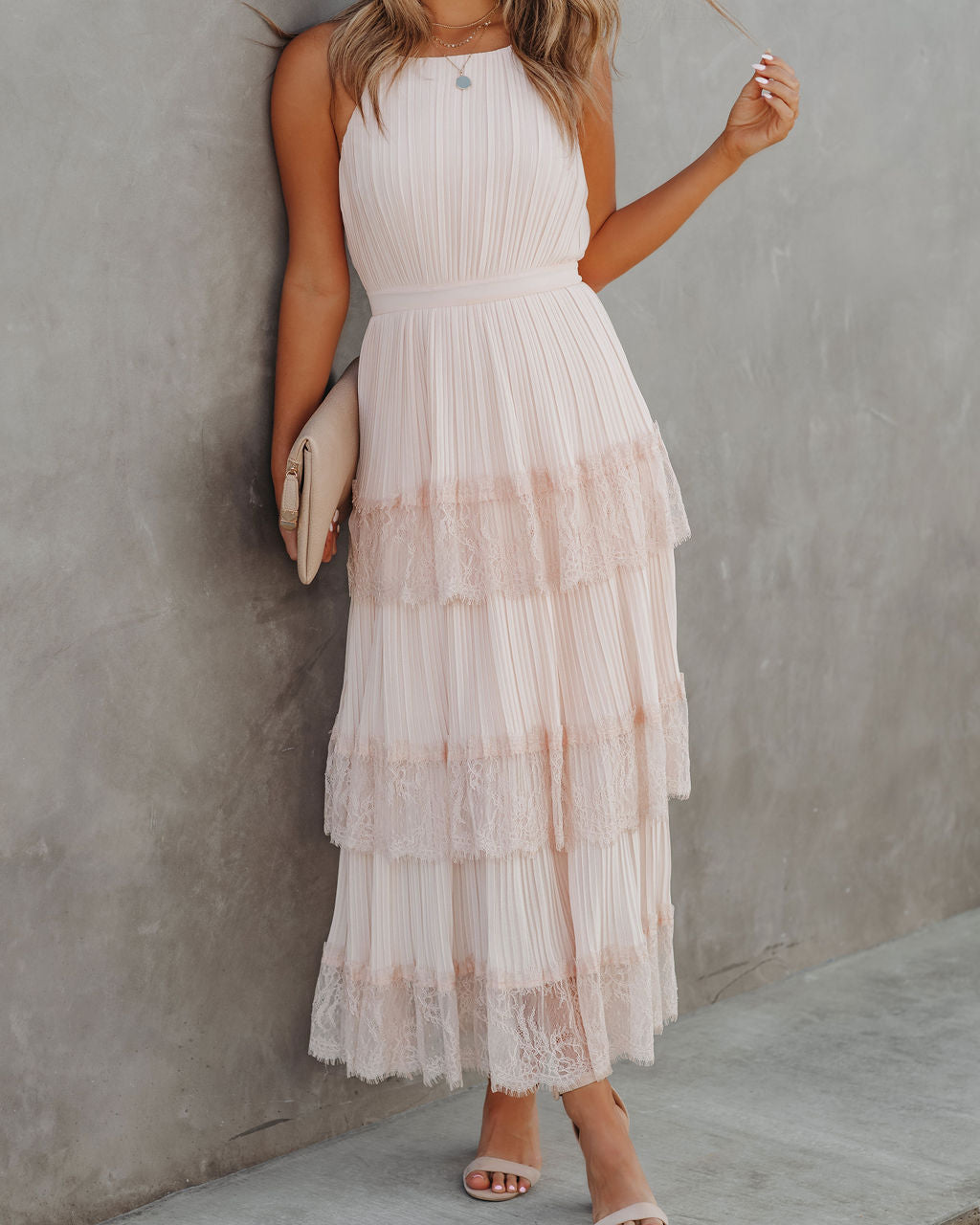Affection Pleated Tiered Lace Maxi Dress - Blush