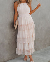 Affection Pleated Tiered Lace Maxi Dress - Blush