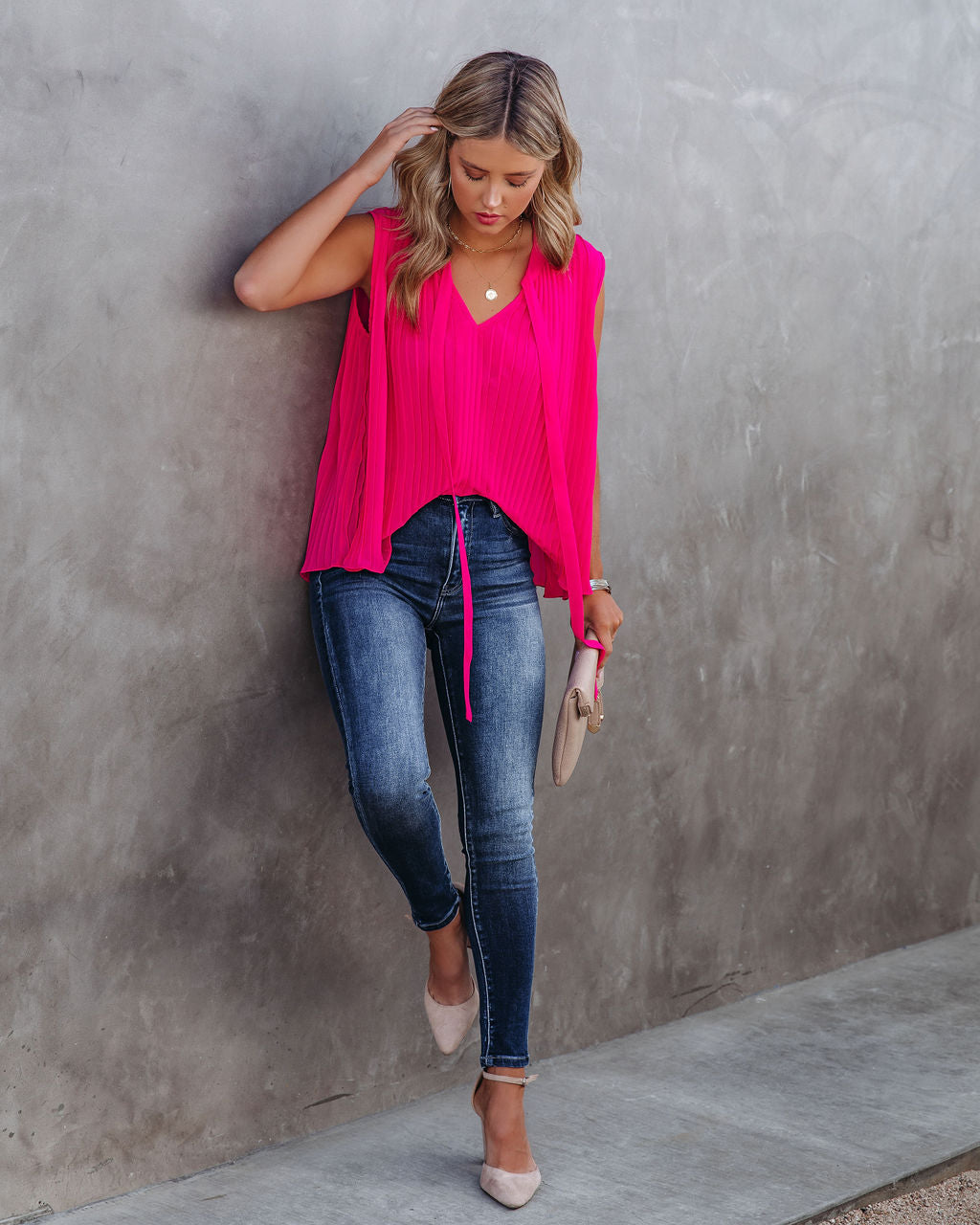 All That Matters Pleated Sleeveless Blouse - Hot Pink - FINAL SALE