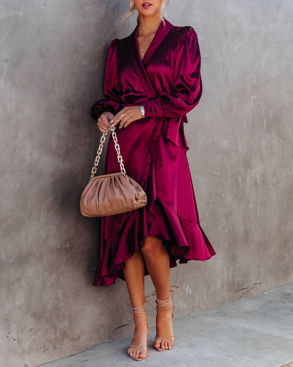 Anniversary Satin Wrap Midi Dress - Merlot - FINAL SALE