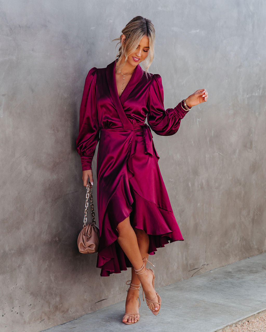 Anniversary Satin Wrap Midi Dress - Merlot - FINAL SALE