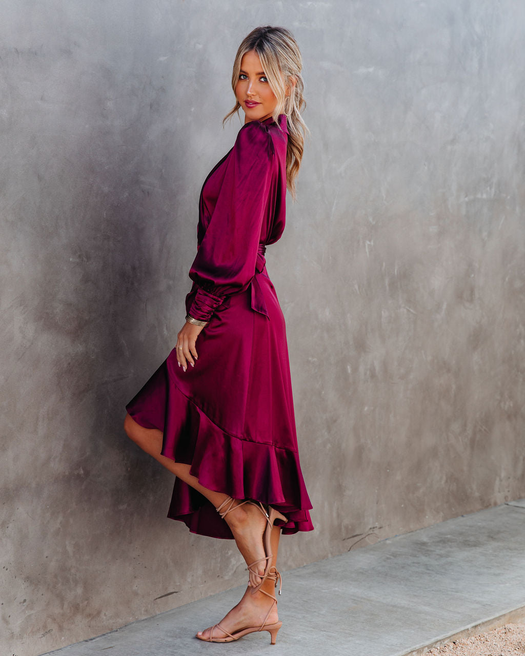 Anniversary Satin Wrap Midi Dress - Merlot - FINAL SALE