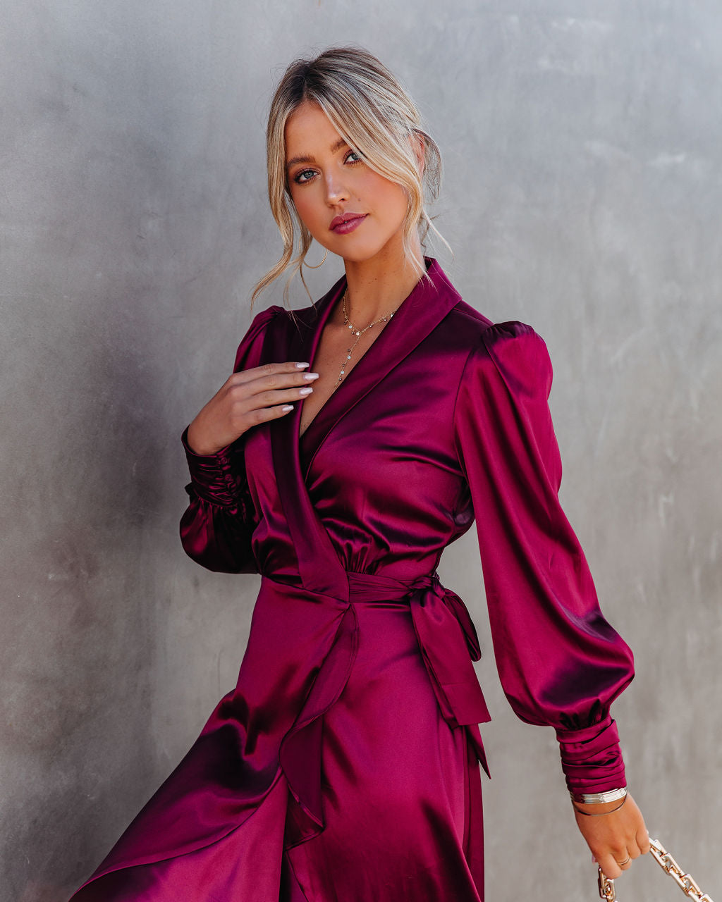 Anniversary Satin Wrap Midi Dress - Merlot - FINAL SALE