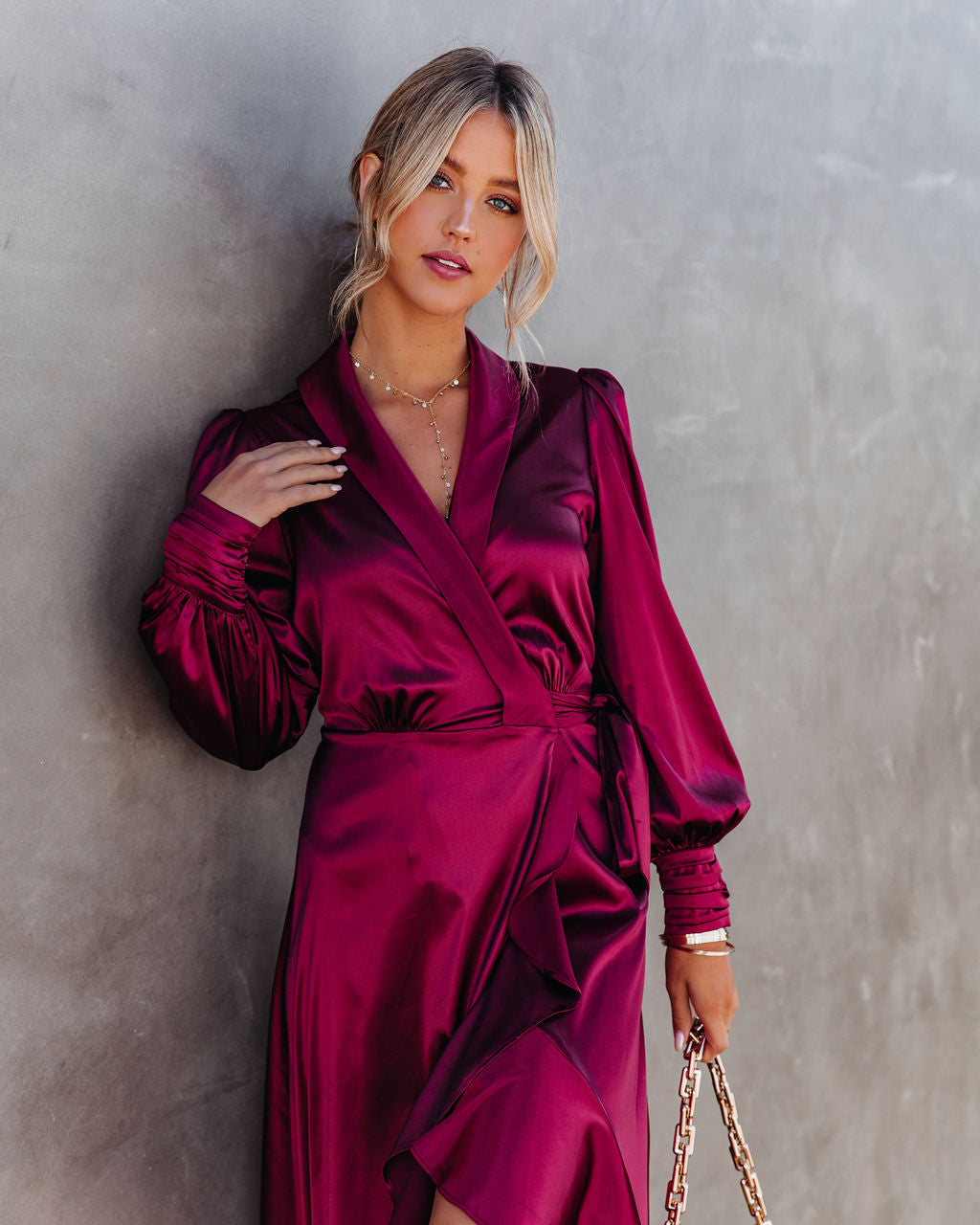 Anniversary Satin Wrap Midi Dress - Merlot - FINAL SALE