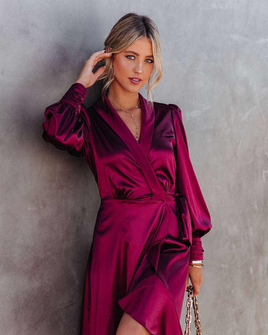Anniversary Satin Wrap Midi Dress - Merlot - FINAL SALE