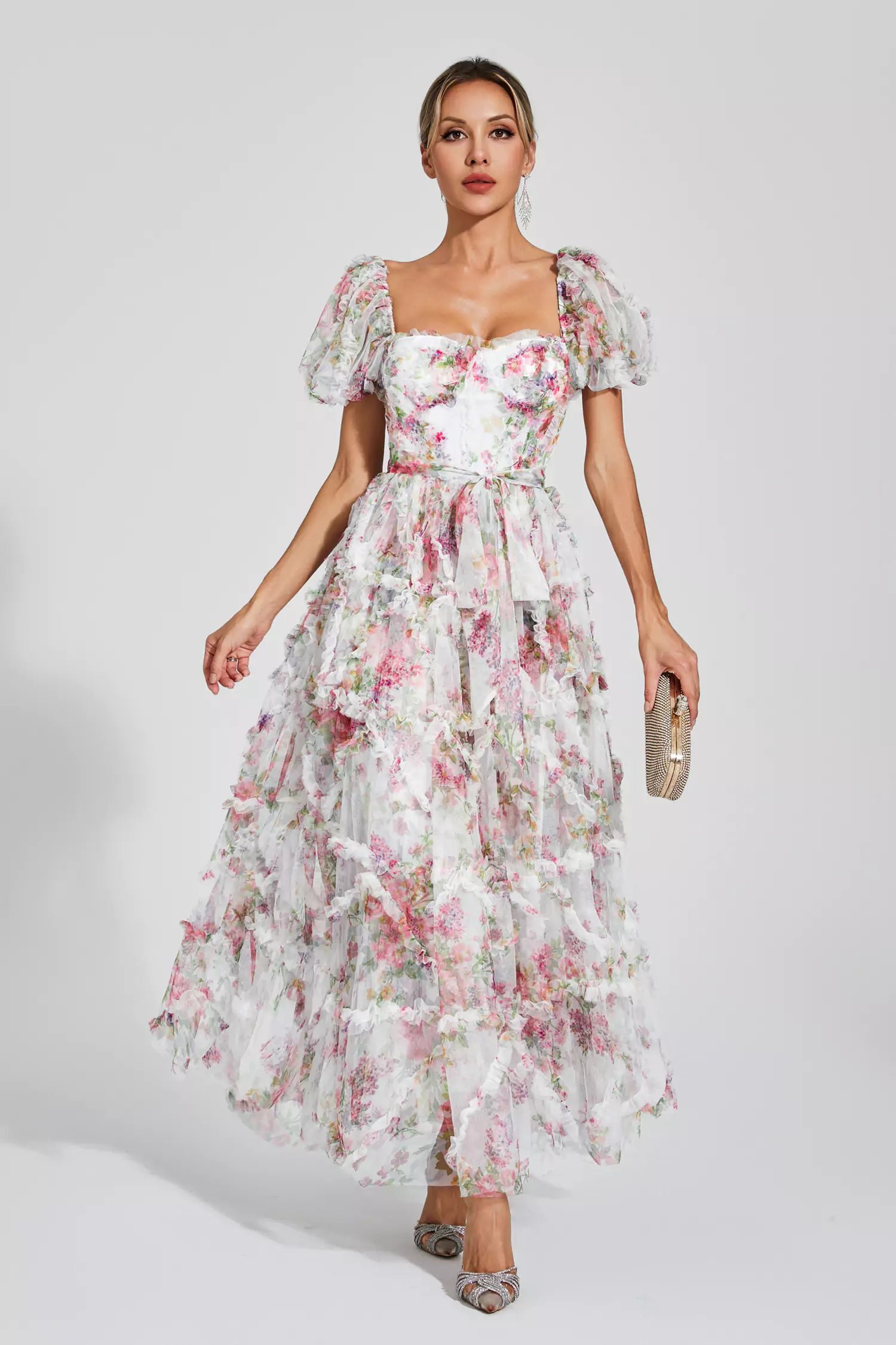 Arlette White Bubble Sleeve Maxi Dress