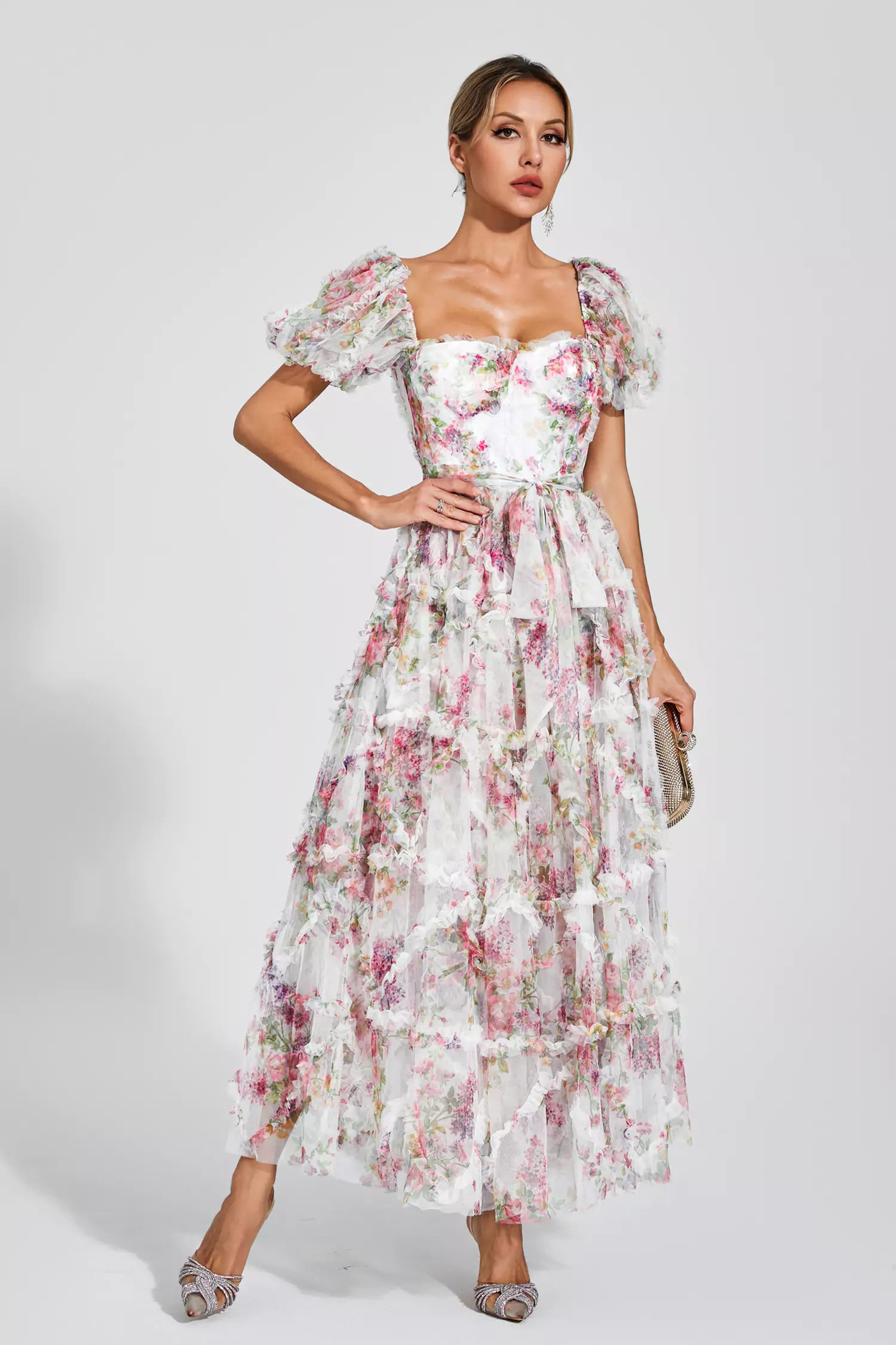 Arlette White Bubble Sleeve Maxi Dress