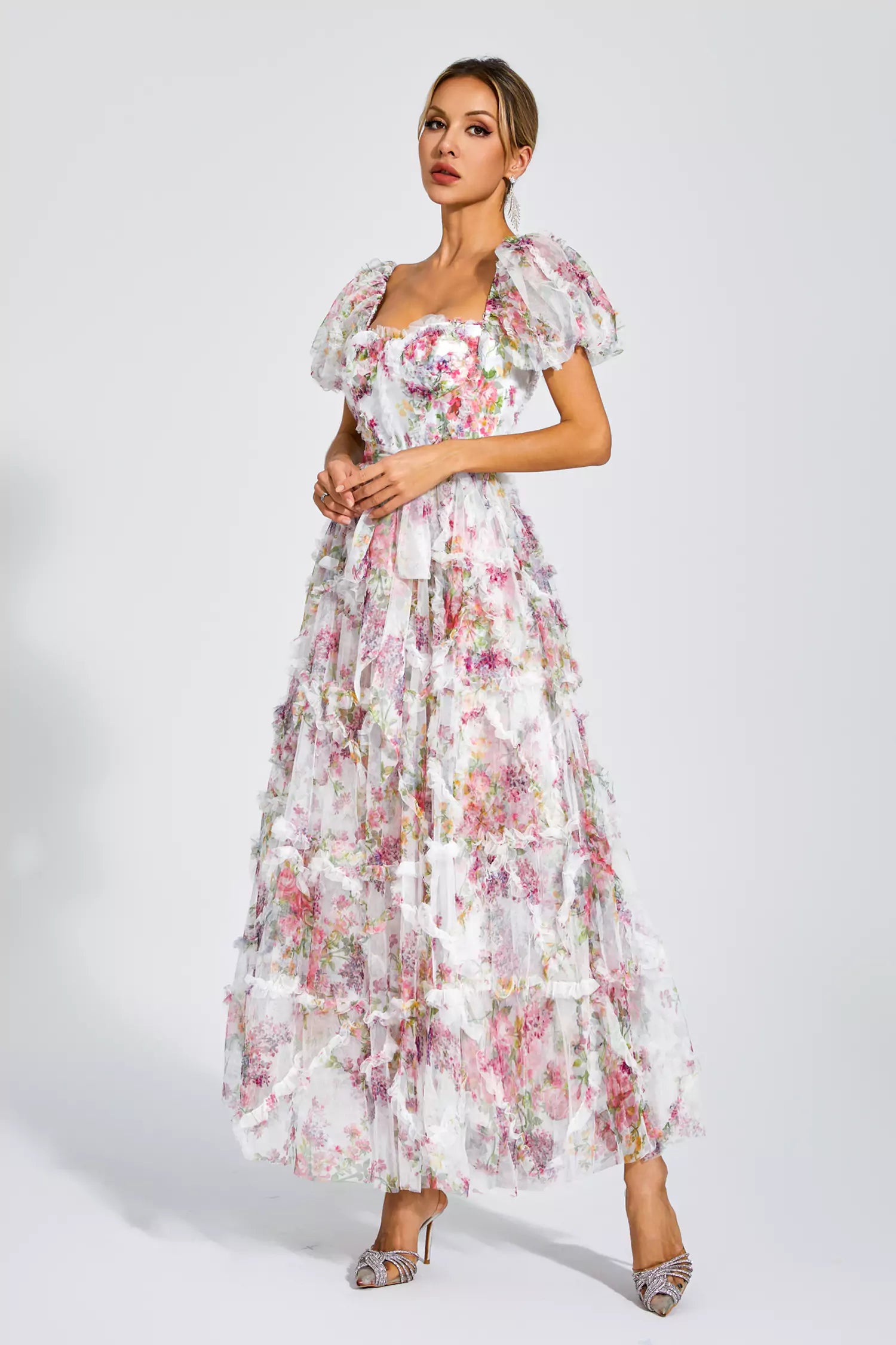 Arlette White Bubble Sleeve Maxi Dress