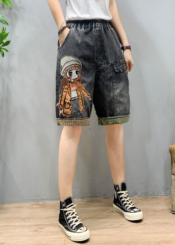 Art Black Grey Elastic Waist Cartoon Girl Denim Shorts